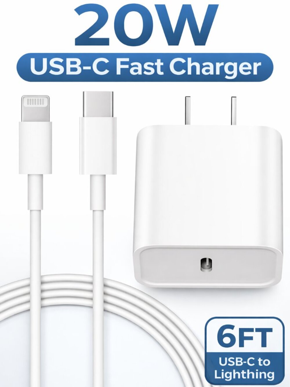 20W USB-C Fast Charger for iPhone 14/13/12, PD Wall Charger with 6FT Cable